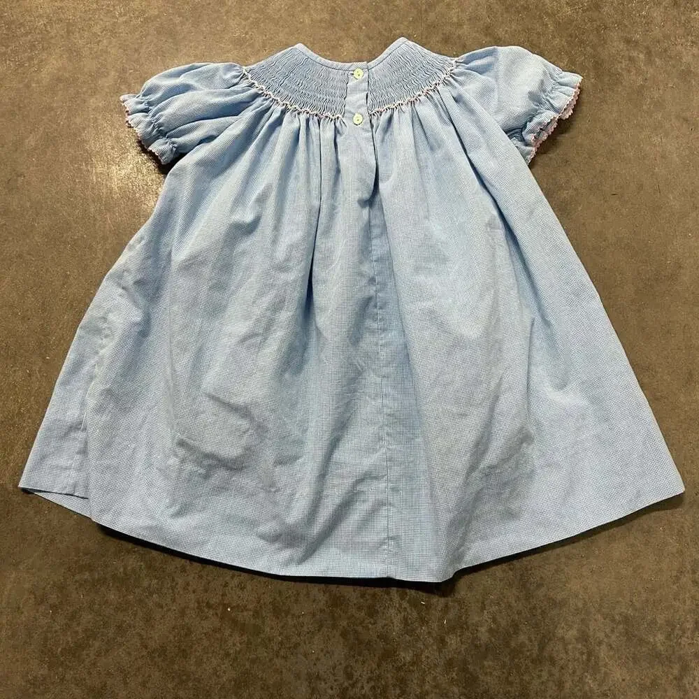Amanda Remembered Size 2 Blue Gingham Smocked Bishop Dress Hand Embroidered